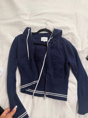 Pink Rose Navy Hoodie with White Stripe Trim